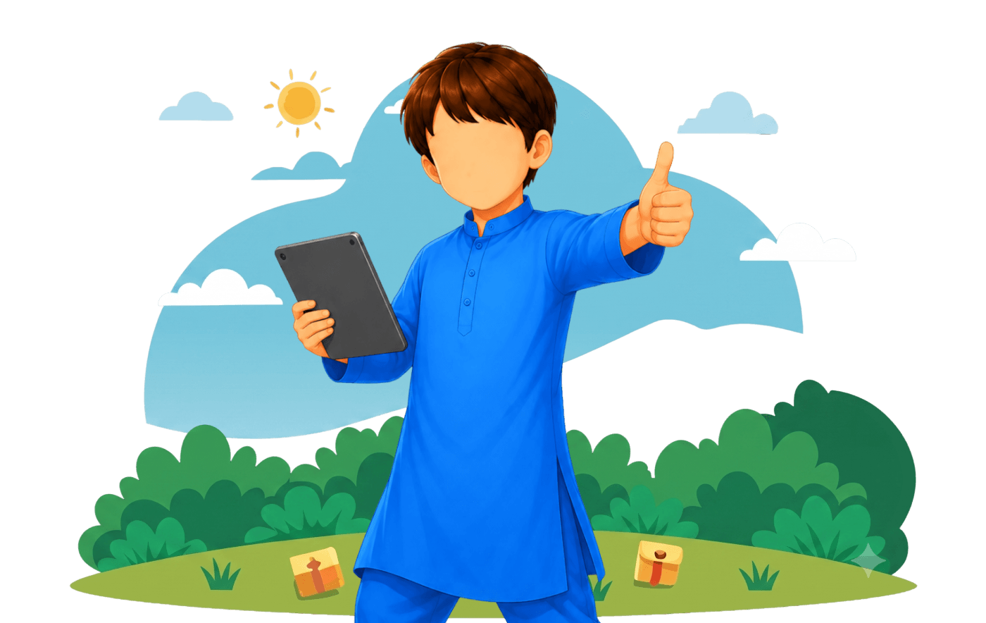 Young Muslim student learning with tablet and giving thumbs up