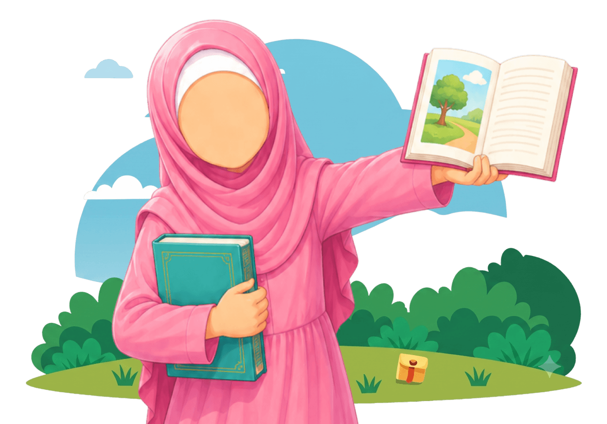 Muslim student holding open her Quran lesson book with scenic landscape